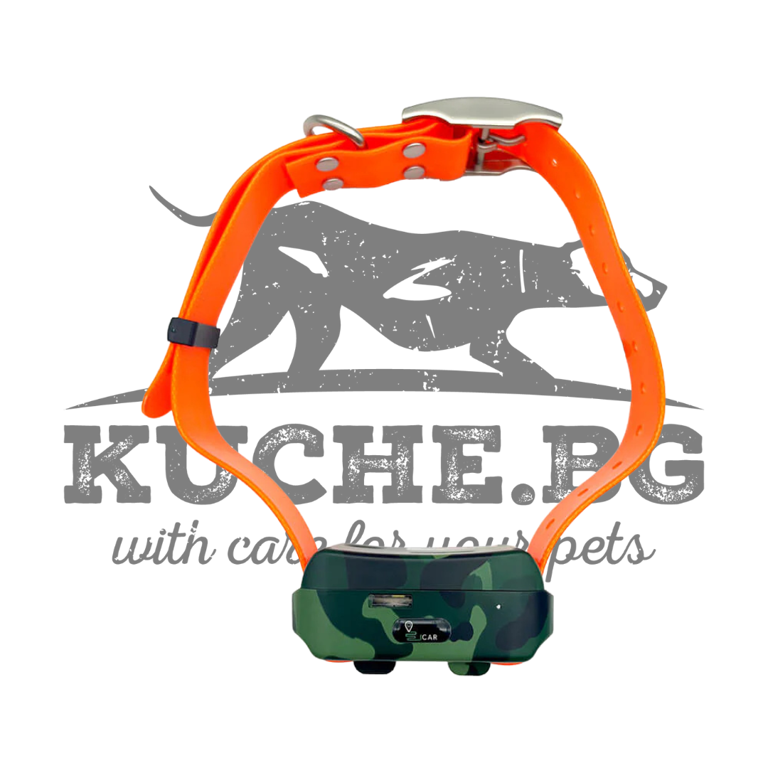 GPS тракер Icar IK122M-2000 4G за кучета с оранжева каишка, надеждно проследяване на вашия любимец.